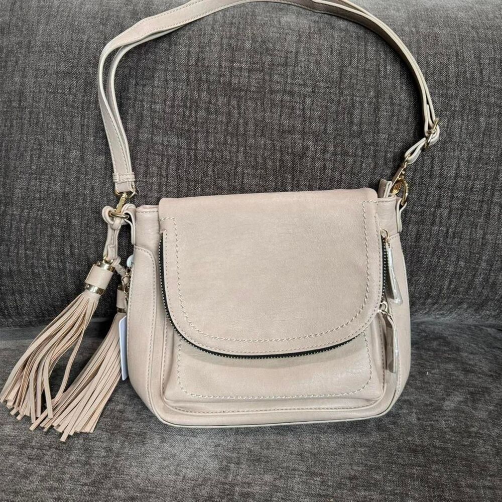Vegan Leather Journey Shoulder Crossbody Bag with Tassel Keychain Taupe NWT